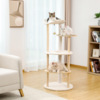 EcoPawPaw 124.5cm Japanese Minimalist Wooden Cat Tree – Modern Japandi Cat Tower with Scratching Post, Washable Pads & Perches