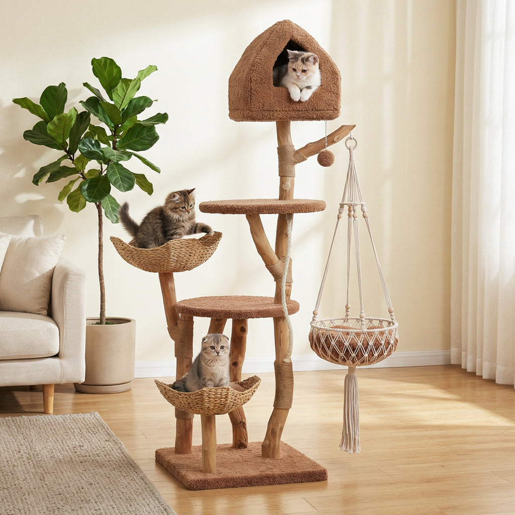EcoPawPaw Luxury Natural Wood Cat Tree 180cm | Multi-Cat Tower