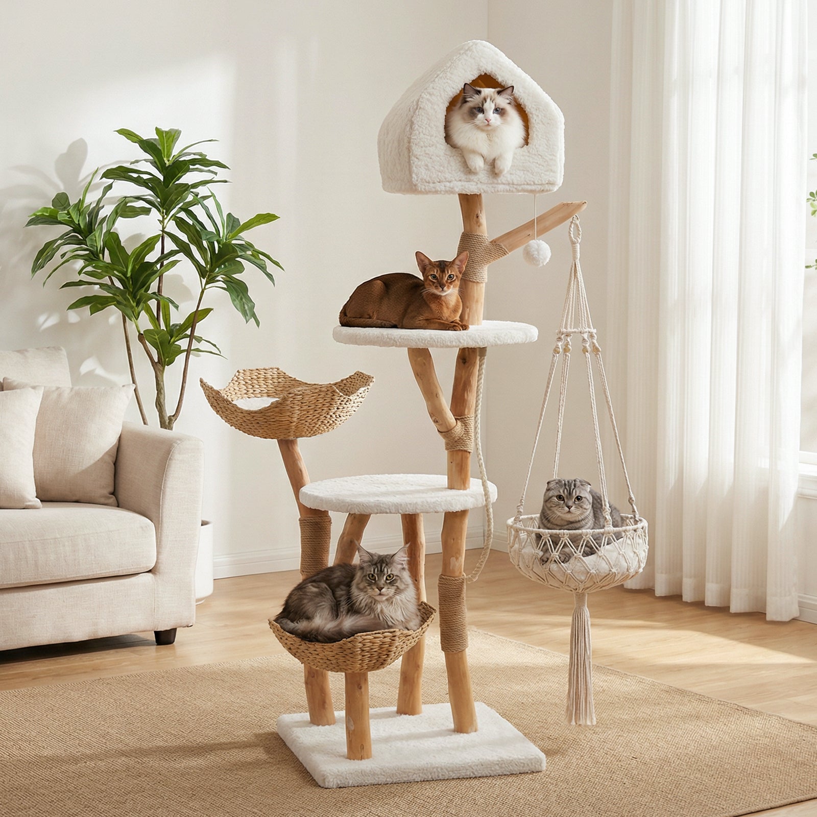 EcoPawPaw Luxury Natural Wood Cat Tree 180cm | Multi-Cat Tower