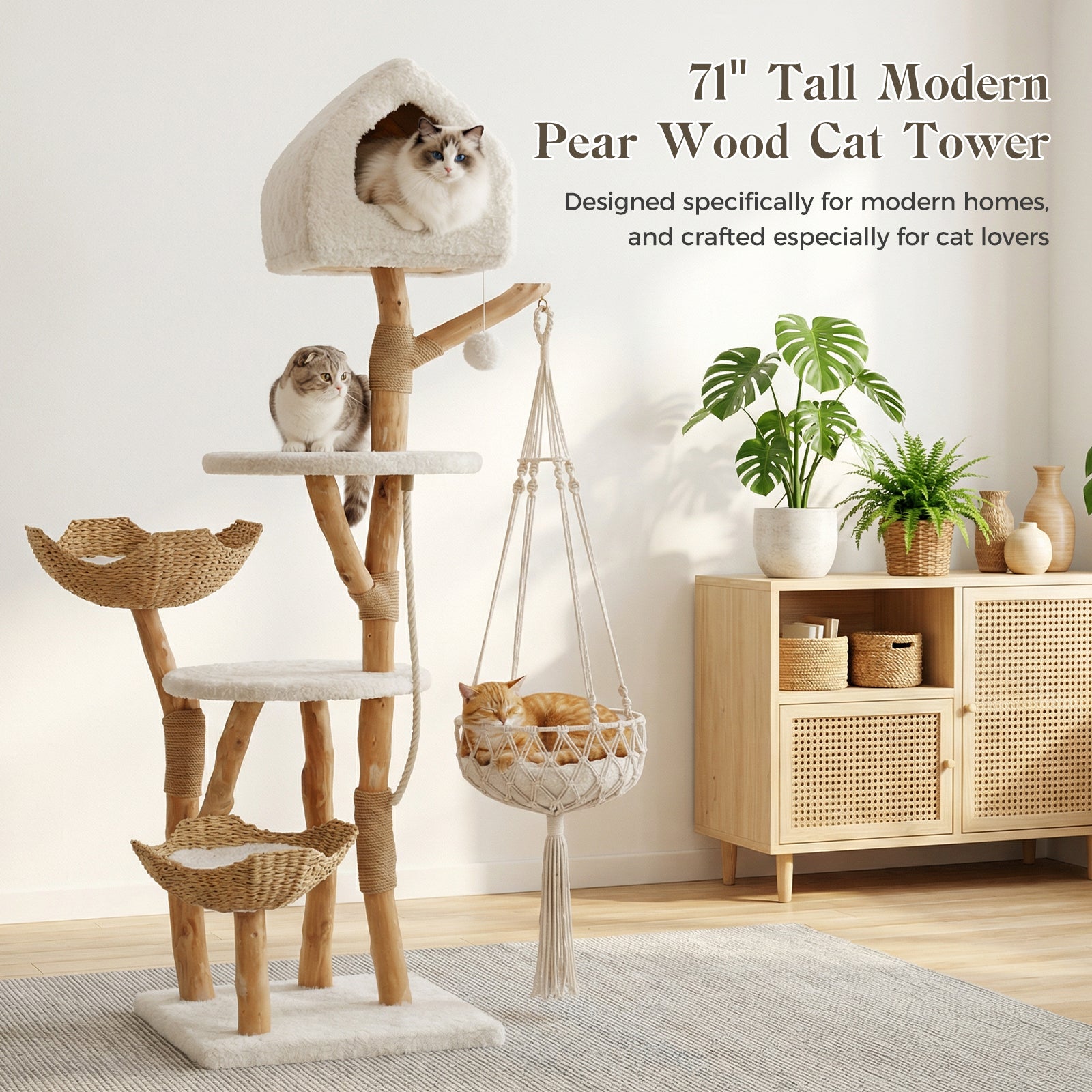 EcoPawPaw Luxury Natural Wood Cat Tree 180cm | Multi-Cat Tower