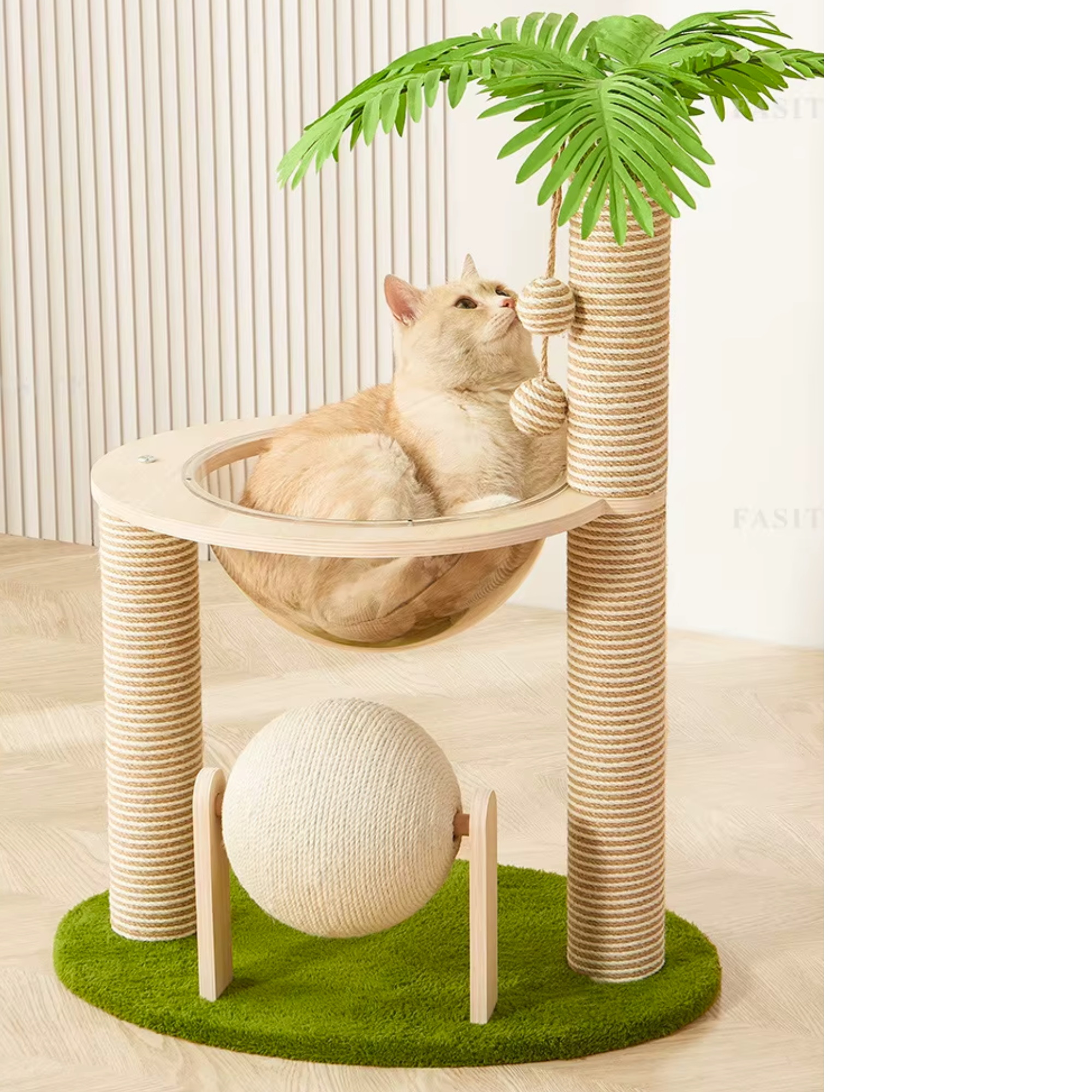 EcoPawPaw Palm Tree Cat Scratcher with Acrylic Space Capsule Bed – Modern Cat Lounge, Sisal Scratching Posts & Interactive Scratching Ball