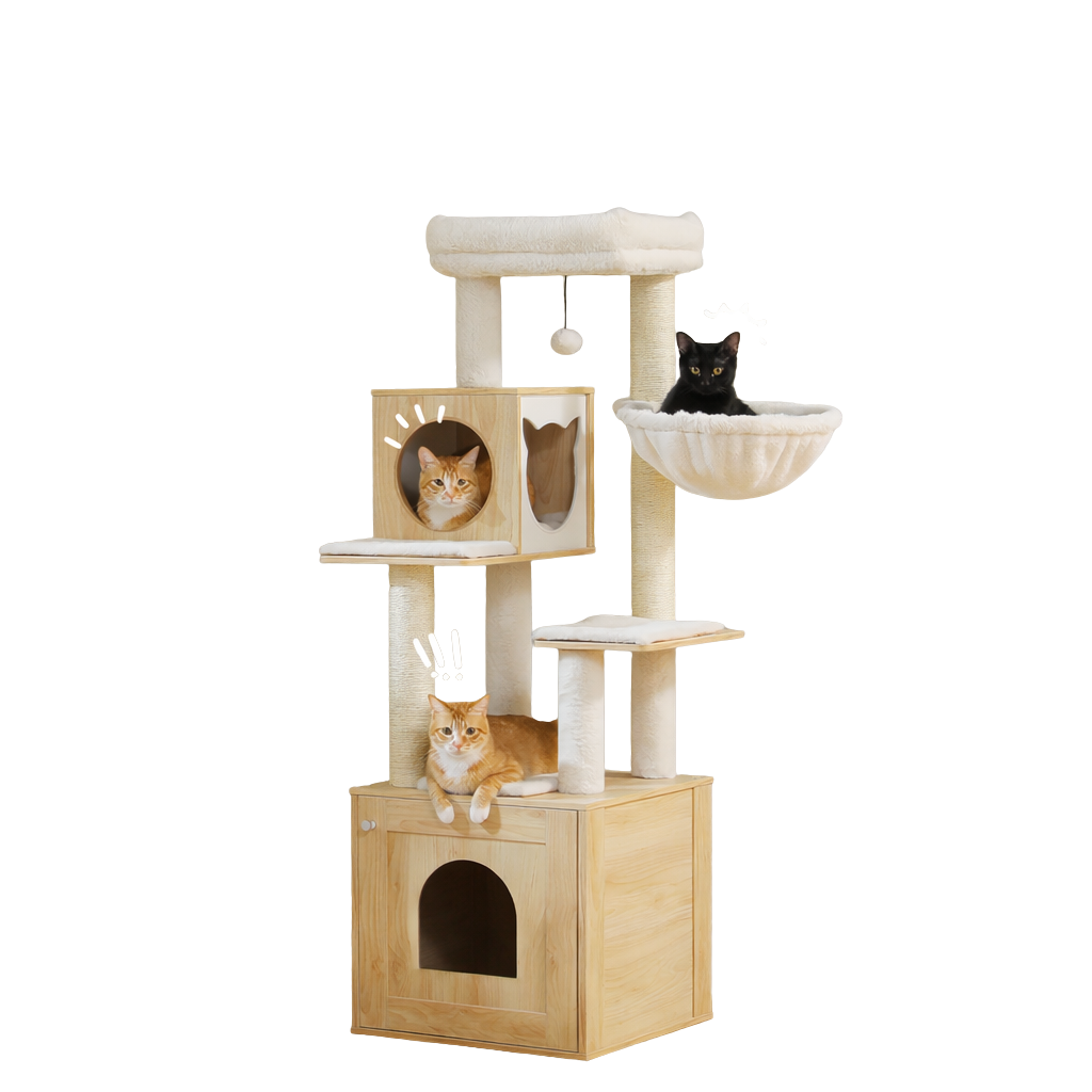 Three cats on a cream wooden cat tree with two condos and a hammock