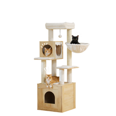 Three cats on a cream wooden cat tree with two condos and a hammock