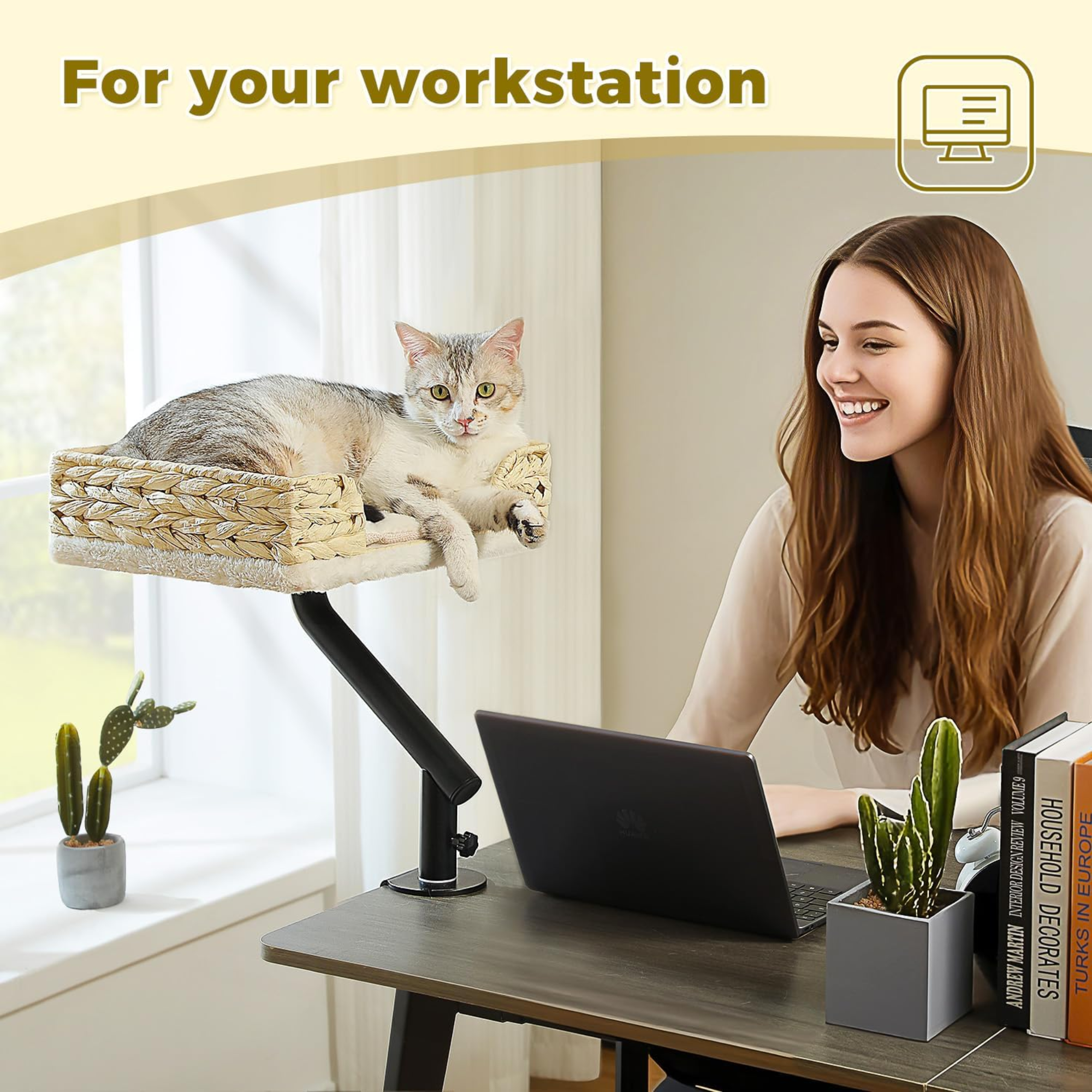 Desk Mounted Cat Bed with 360° Rotation – Handwoven Rattan Cat Perch for Office & Workstation | Clamp-On Cat Shelf (40×30cm)