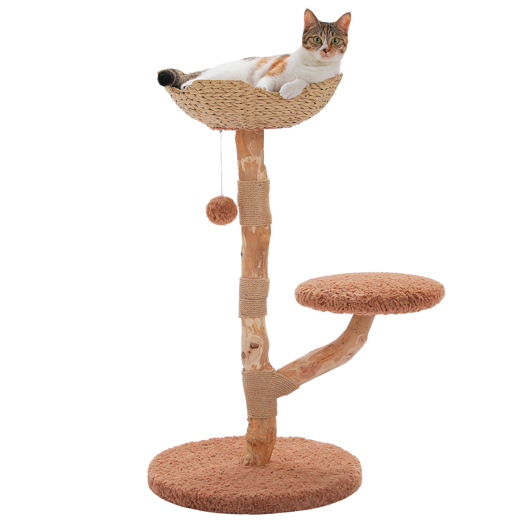 EcoPawPaw 95cm Natural Wooden Cat Tree with Handwoven Wicker Bed – Space-Saving Cat Tower for Small & Medium Cats