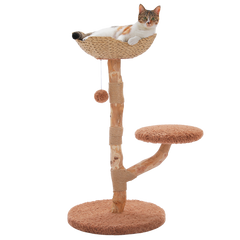 EcoPawPaw 95cm Natural Wooden Cat Tree with Handwoven Wicker Bed – Space-Saving Cat Tower for Small & Medium Cats