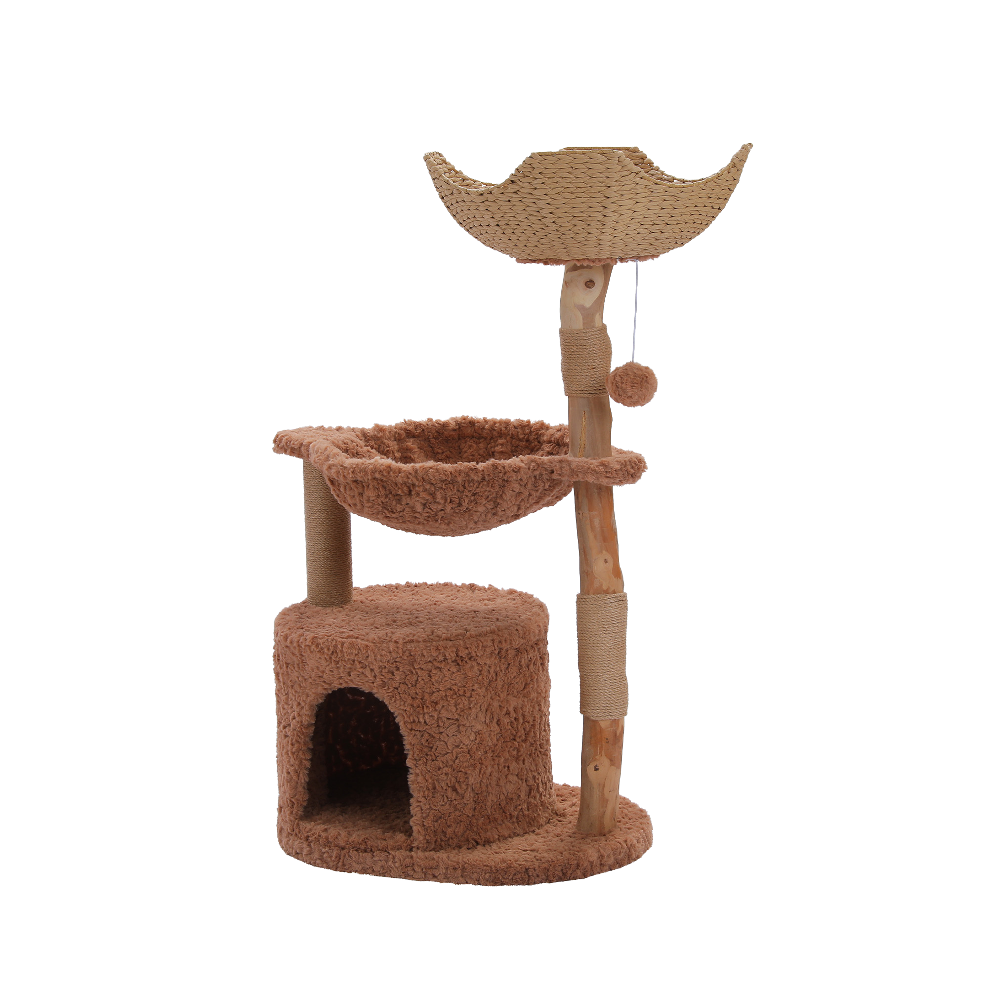EcoPawPaw 102cm Natural Wood Cat Tree with Woven Basket & Cozy Cat House