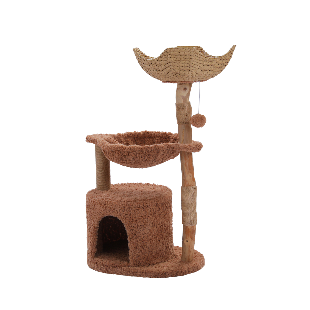 EcoPawPaw 102cm Natural Wood Cat Tree with Woven Basket & Cozy Cat House