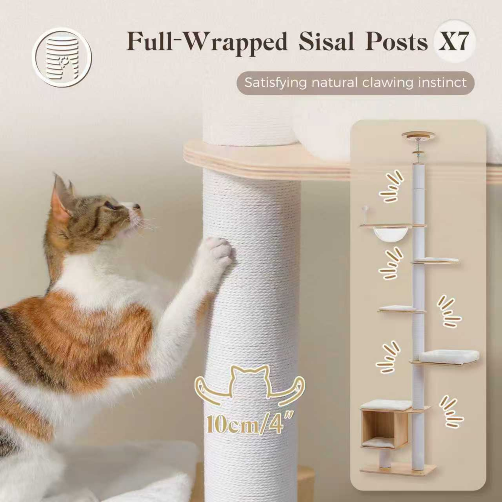 EcoPawPaw Adjustable Floor-to-Ceiling Cat Tree | 225–284cm Cat Tower with Condo & Acrylic Bowl