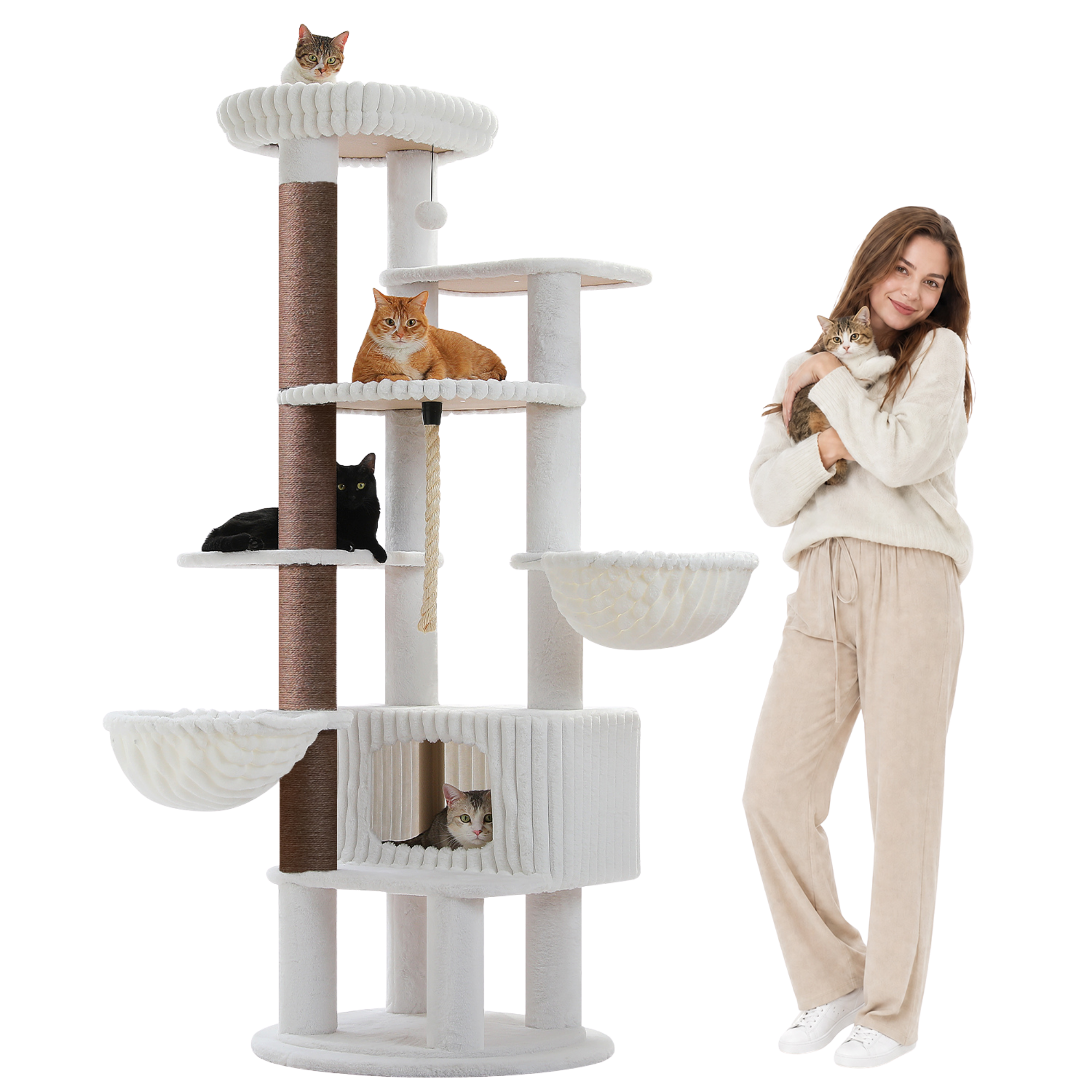 EcoPawPaw 188cm Luxury XXL Cat Tree for Large Cats – Heavy-Duty Multi-Level Cat Tower with 2 Hammocks, Large Condo & 8.9cm Thick Scratching Post