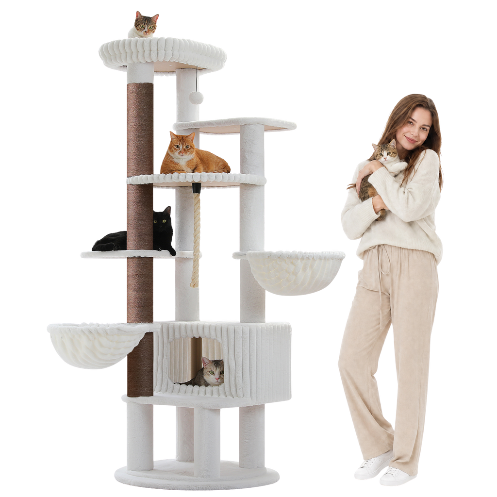 EcoPawPaw 188cm Luxury XXL Cat Tree for Large Cats – Heavy-Duty Multi-Level Cat Tower with 2 Hammocks, Large Condo & 8.9cm Thick Scratching Post