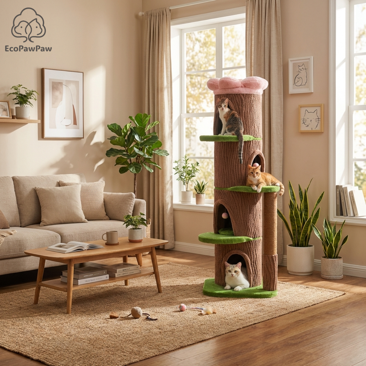 EcoPawPaw Forest Cat Tree Tower with Flower Perch