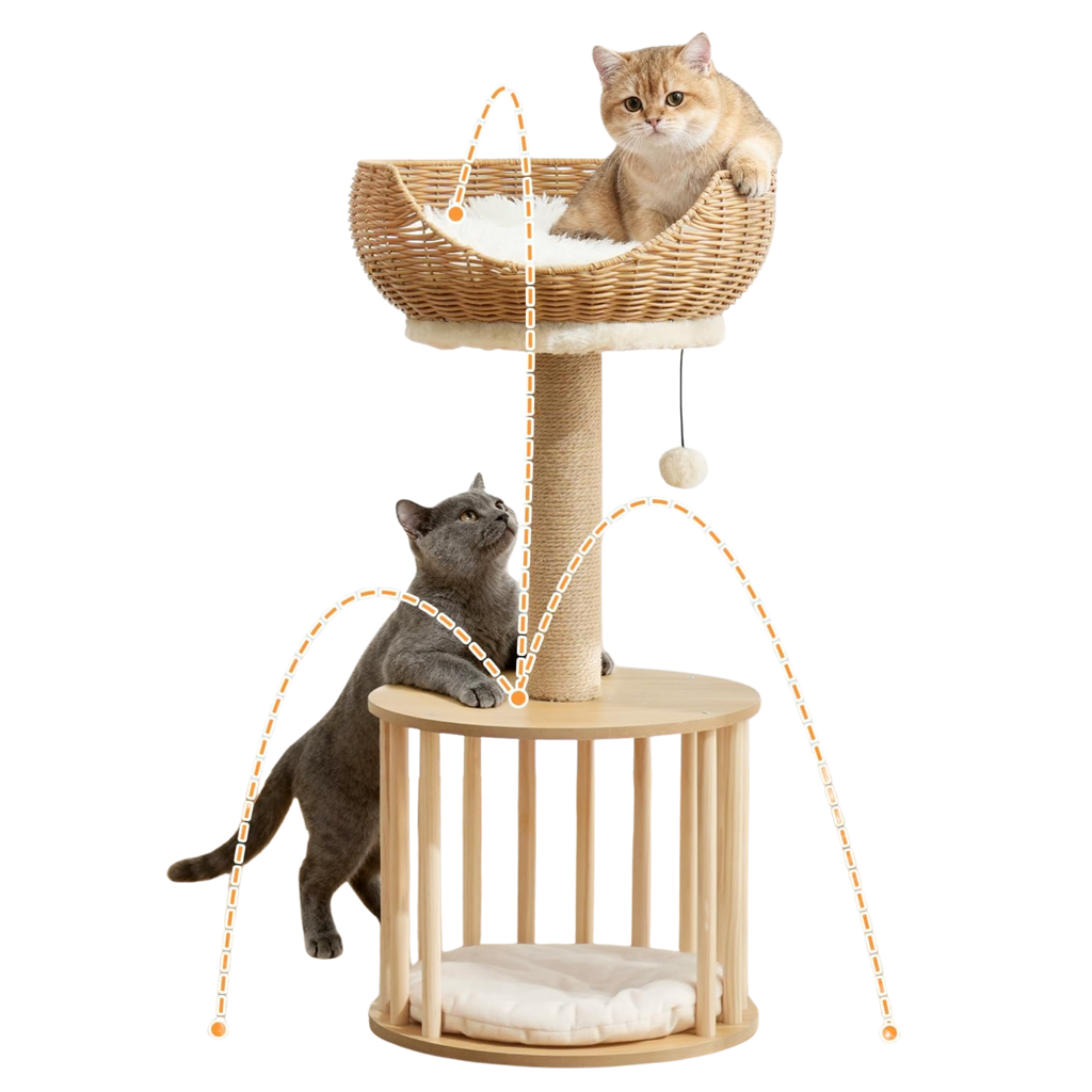 EcoPawPaw Natural Wood Cat Tree with Rattan Nest – 76 cm