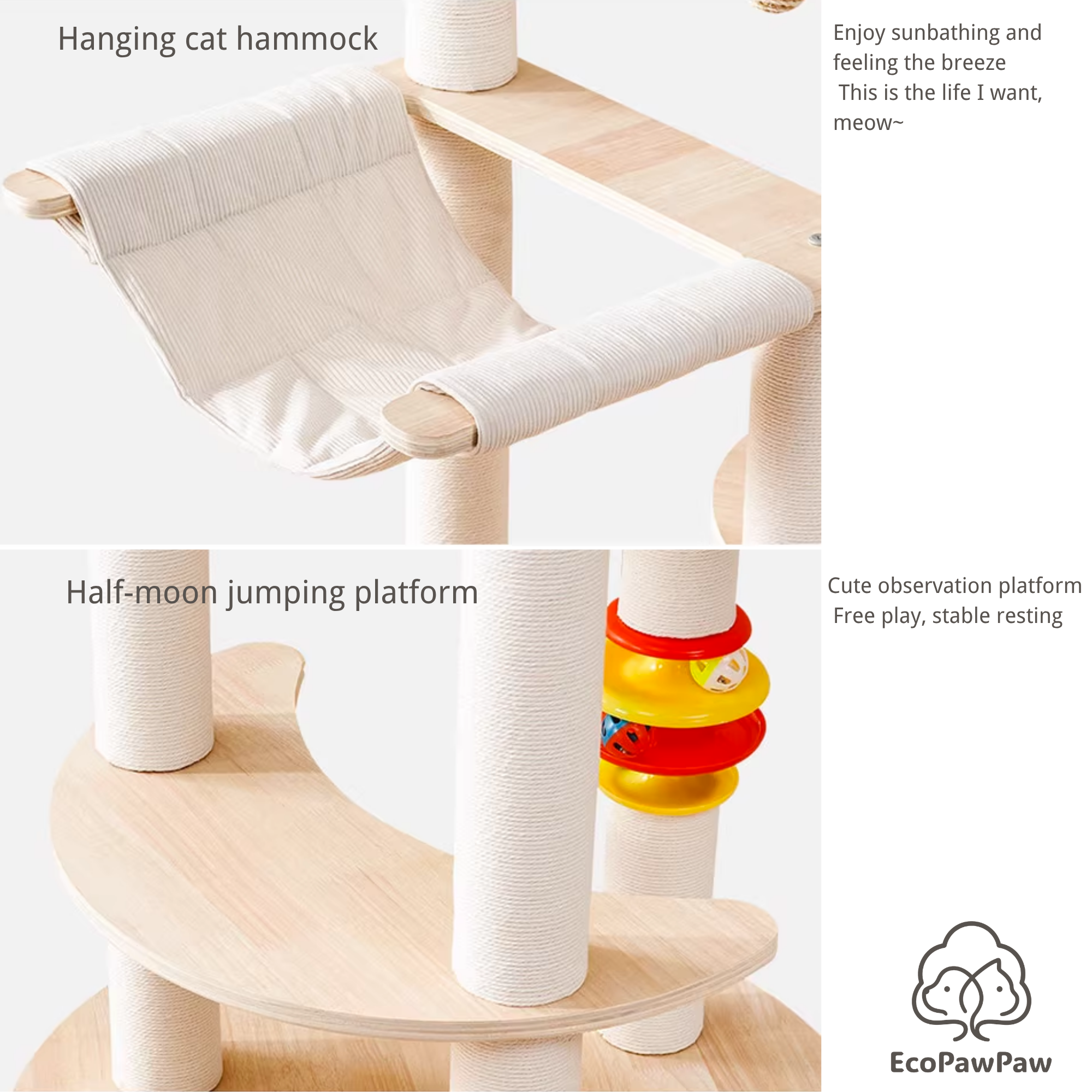 Natural Solid Oak Cat Tree – Modern Z-Shaped Wooden Cat Tower with Hammock & Scratching Posts (154 cm Tall)