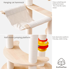 Natural Solid Oak Cat Tree – Modern Z-Shaped Wooden Cat Tower with Hammock & Scratching Posts (154 cm Tall)