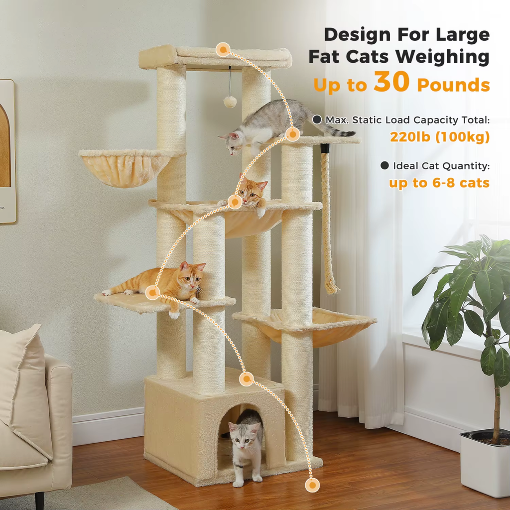 Ecopawpaw XXL Cat Tree for Large Cats 170CM – Heavy Duty Cat Tower with Extra Thick Sisal Posts, Hammocks, Condo & Large Platforms for Maine Coons