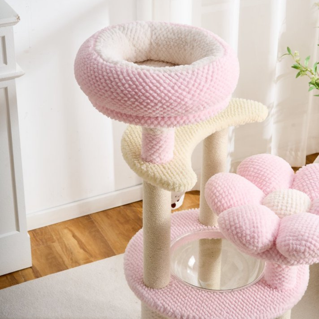 EcoPawPaw 128cm Pink Flower Cat Tree with Transparent Hammock & Sisal Scratching Posts