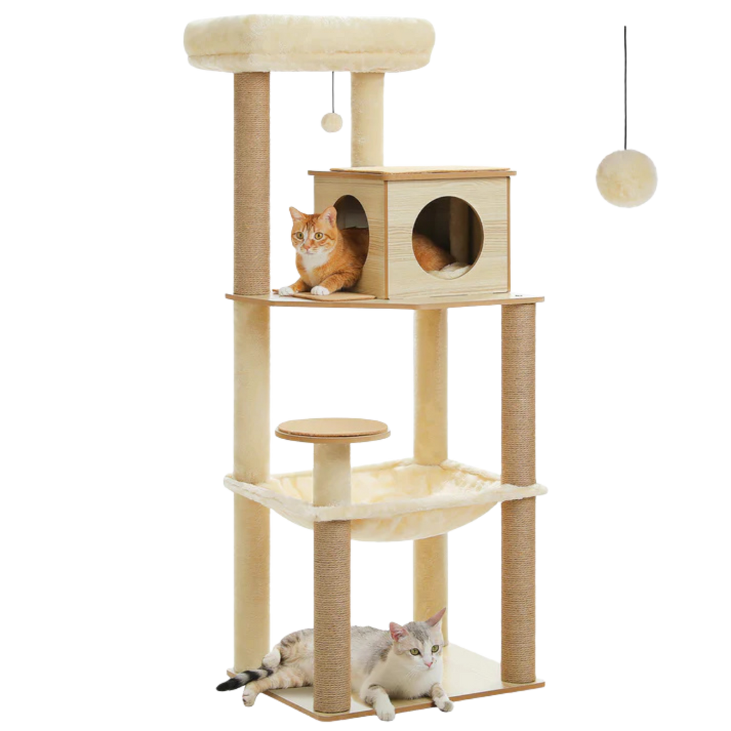Wooden Cat Tree with Condo & Hammock