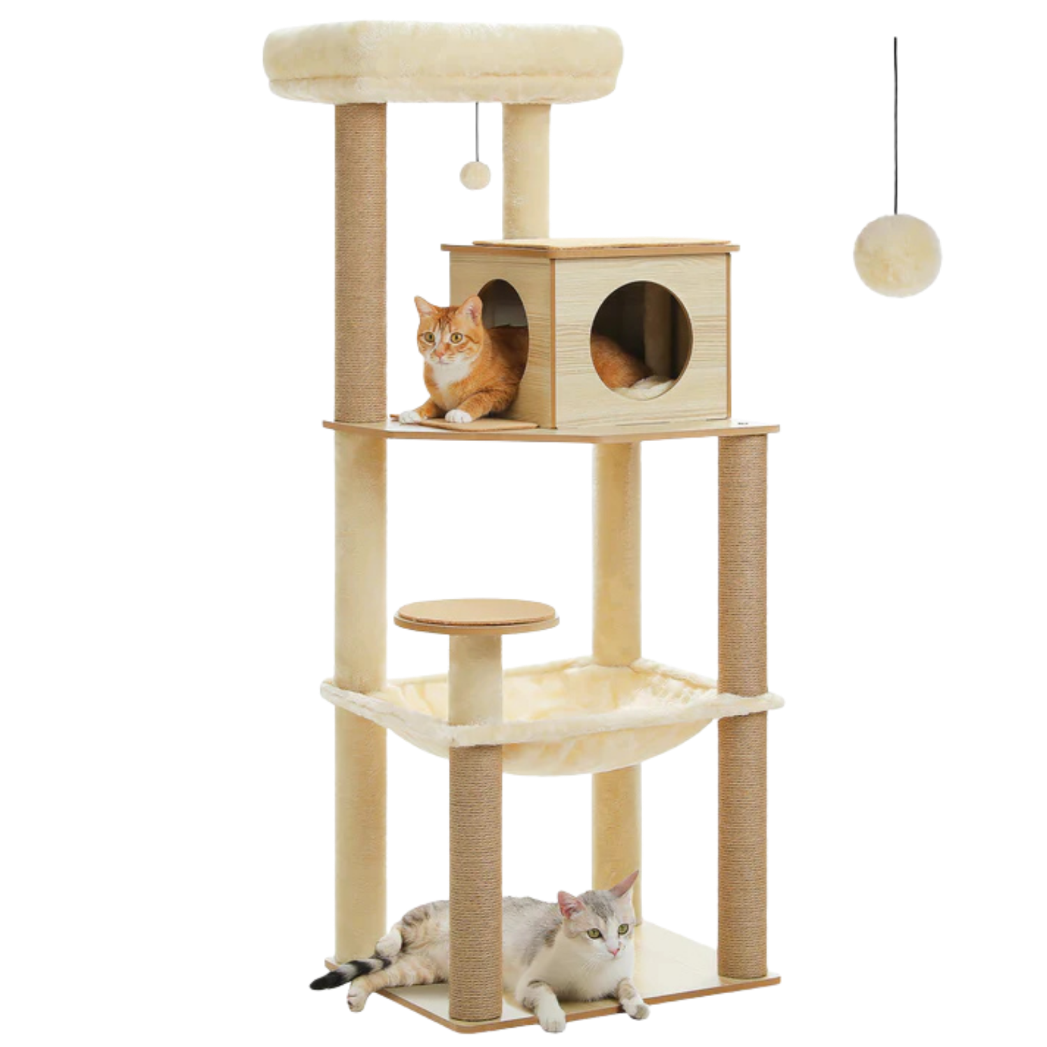 Wooden Cat Tree with Condo & Hammock