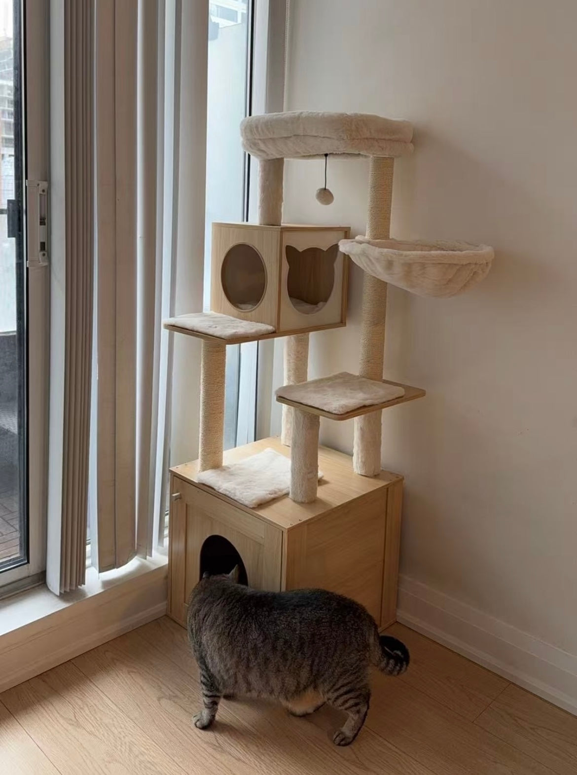 Cat inspecting the lower condo of a cream cat tree