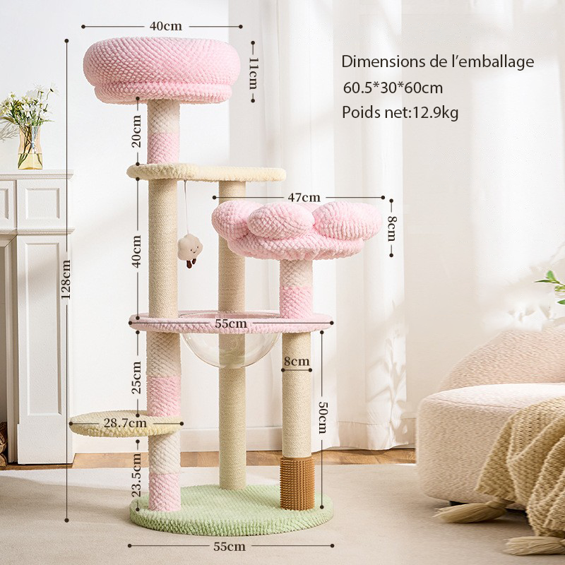 EcoPawPaw 128cm Pink Flower Cat Tree with Transparent Hammock & Sisal Scratching Posts