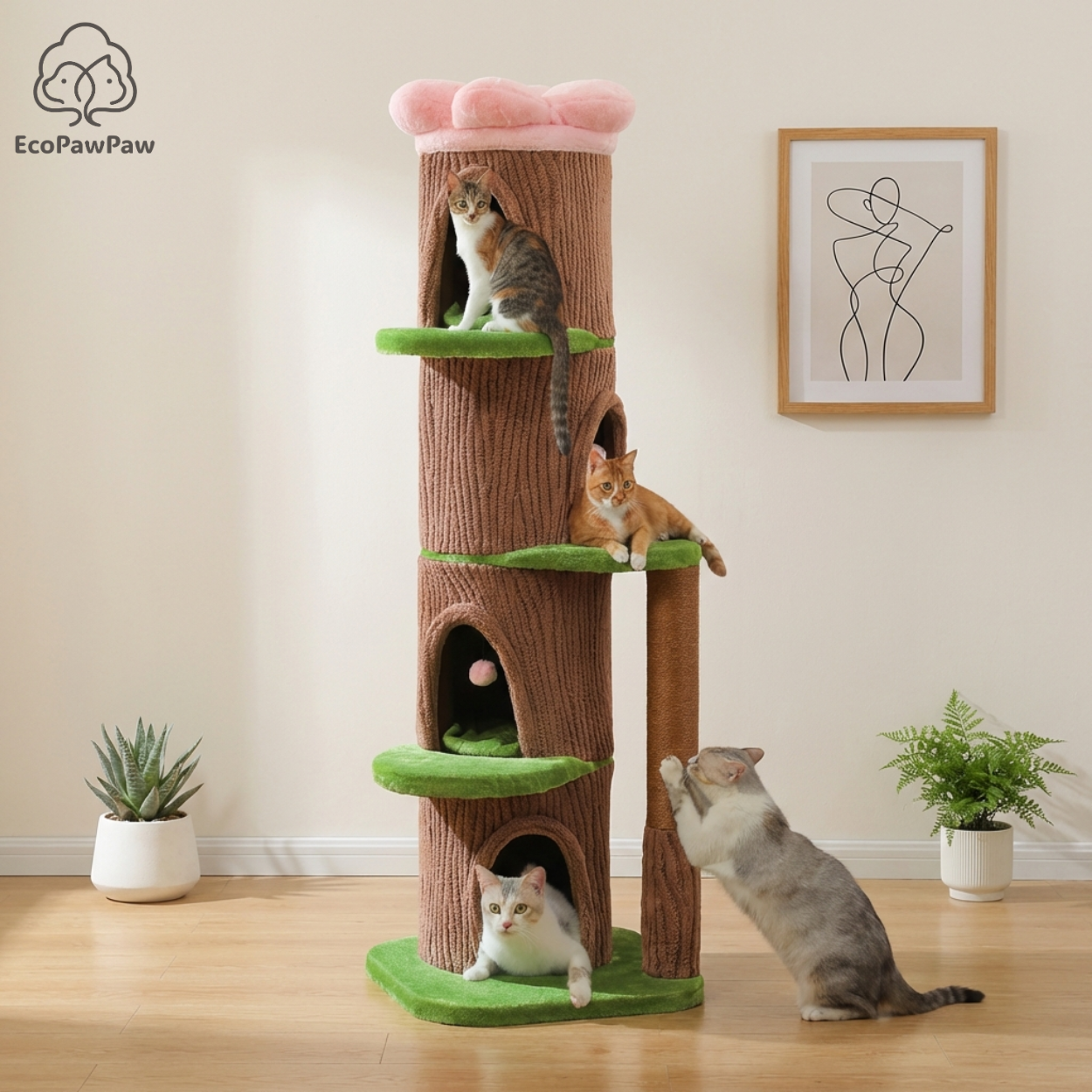 EcoPawPaw Forest Cat Tree Tower with Flower Perch
