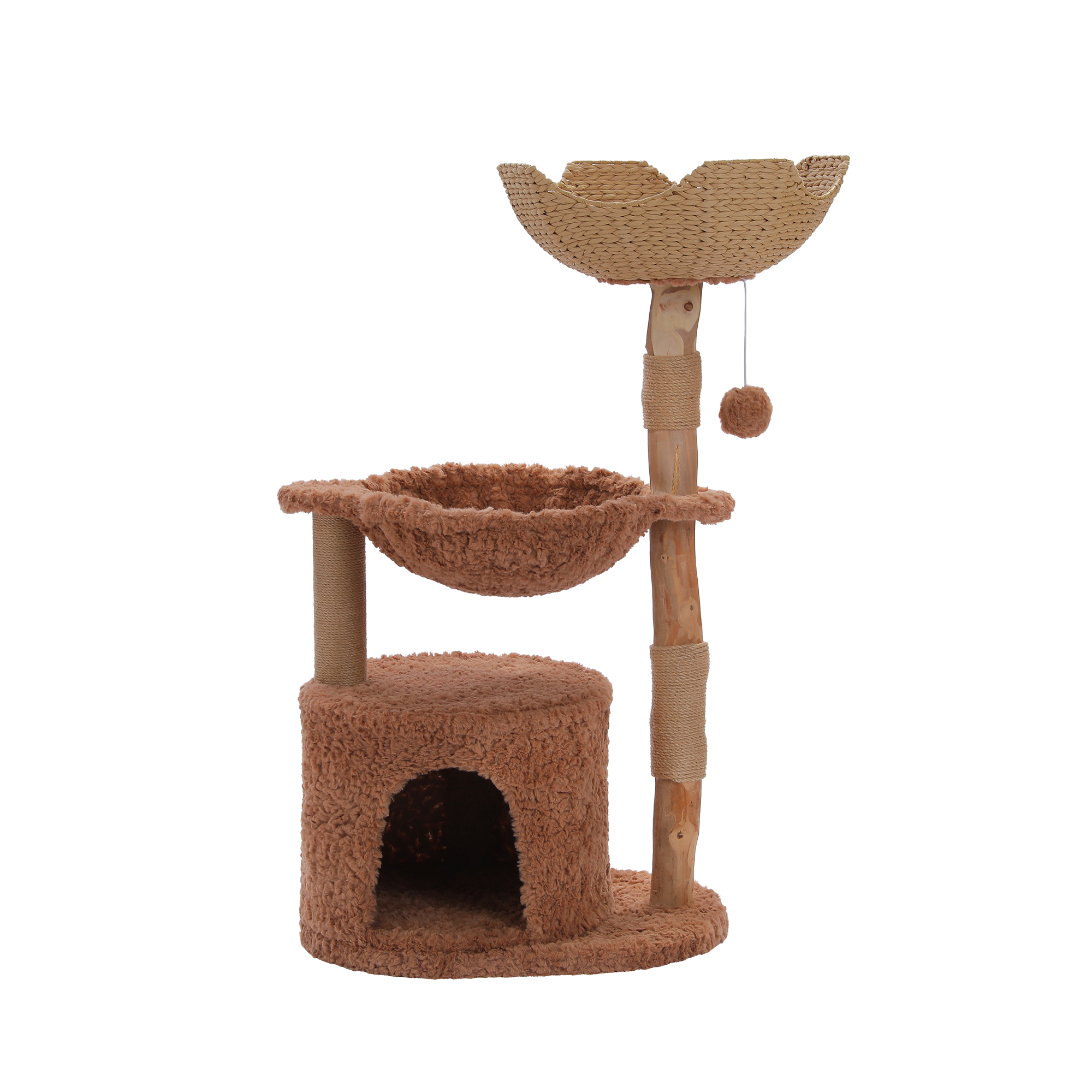 EcoPawPaw 102cm Natural Wood Cat Tree with Woven Basket & Cozy Cat House