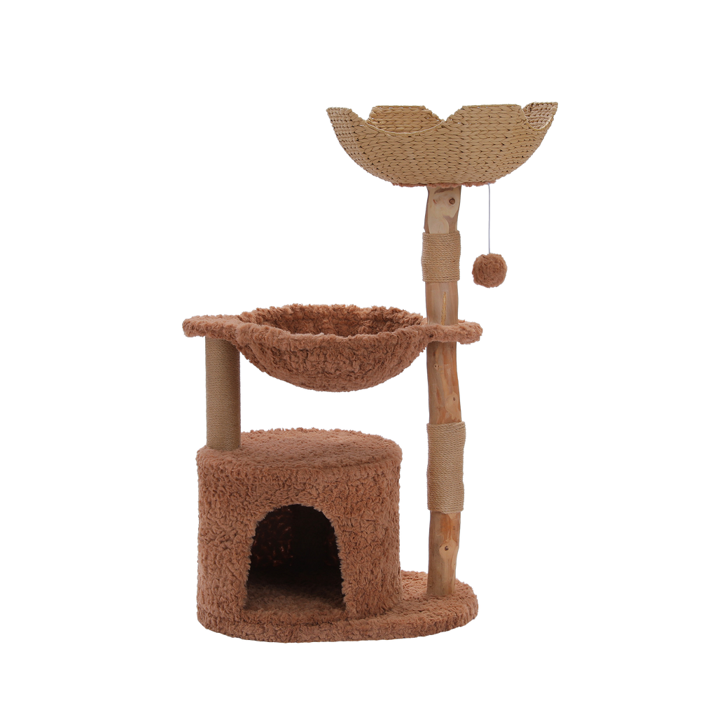 EcoPawPaw 102cm Natural Wood Cat Tree with Woven Basket & Cozy Cat House