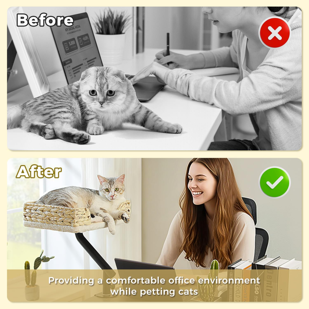 Desk Mounted Cat Bed with 360° Rotation – Handwoven Rattan Cat Perch for Office & Workstation | Clamp-On Cat Shelf (40×30cm)
