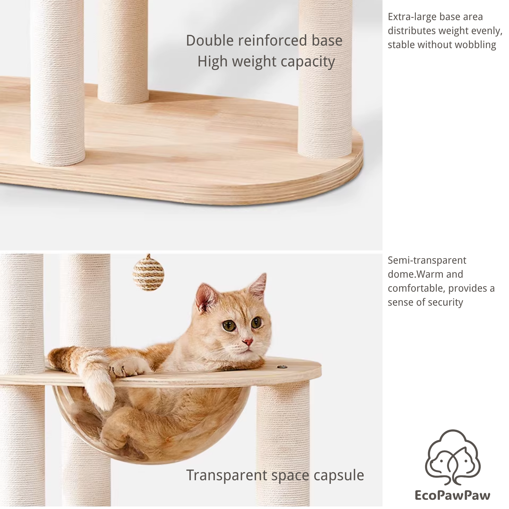 Natural Solid Oak Cat Tree – Modern Z-Shaped Wooden Cat Tower with Hammock & Scratching Posts (154 cm Tall)