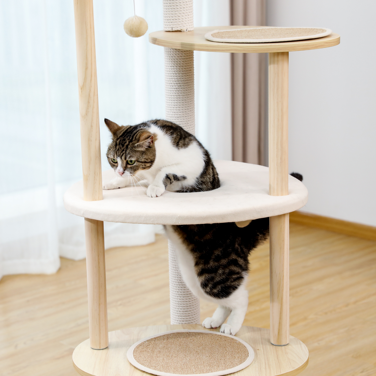 EcoPawPaw 124.5cm Japanese Minimalist Wooden Cat Tree – Modern Japandi Cat Tower with Scratching Post, Washable Pads & Perches