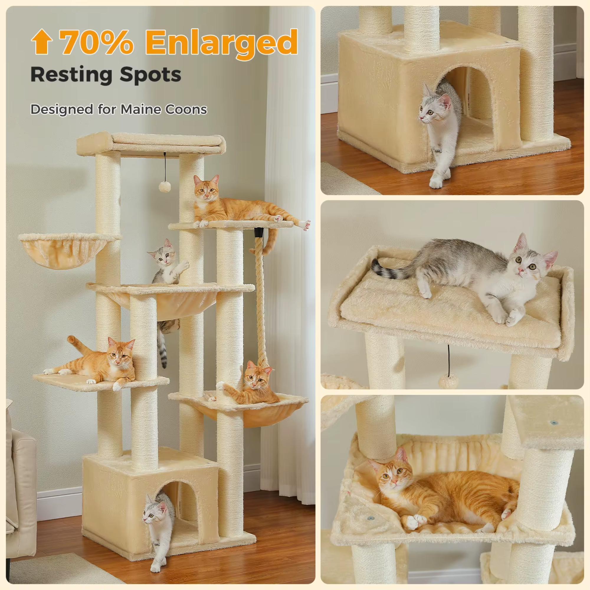Ecopawpaw XXL Cat Tree for Large Cats 170CM – Heavy Duty Cat Tower with Extra Thick Sisal Posts, Hammocks, Condo & Large Platforms for Maine Coons