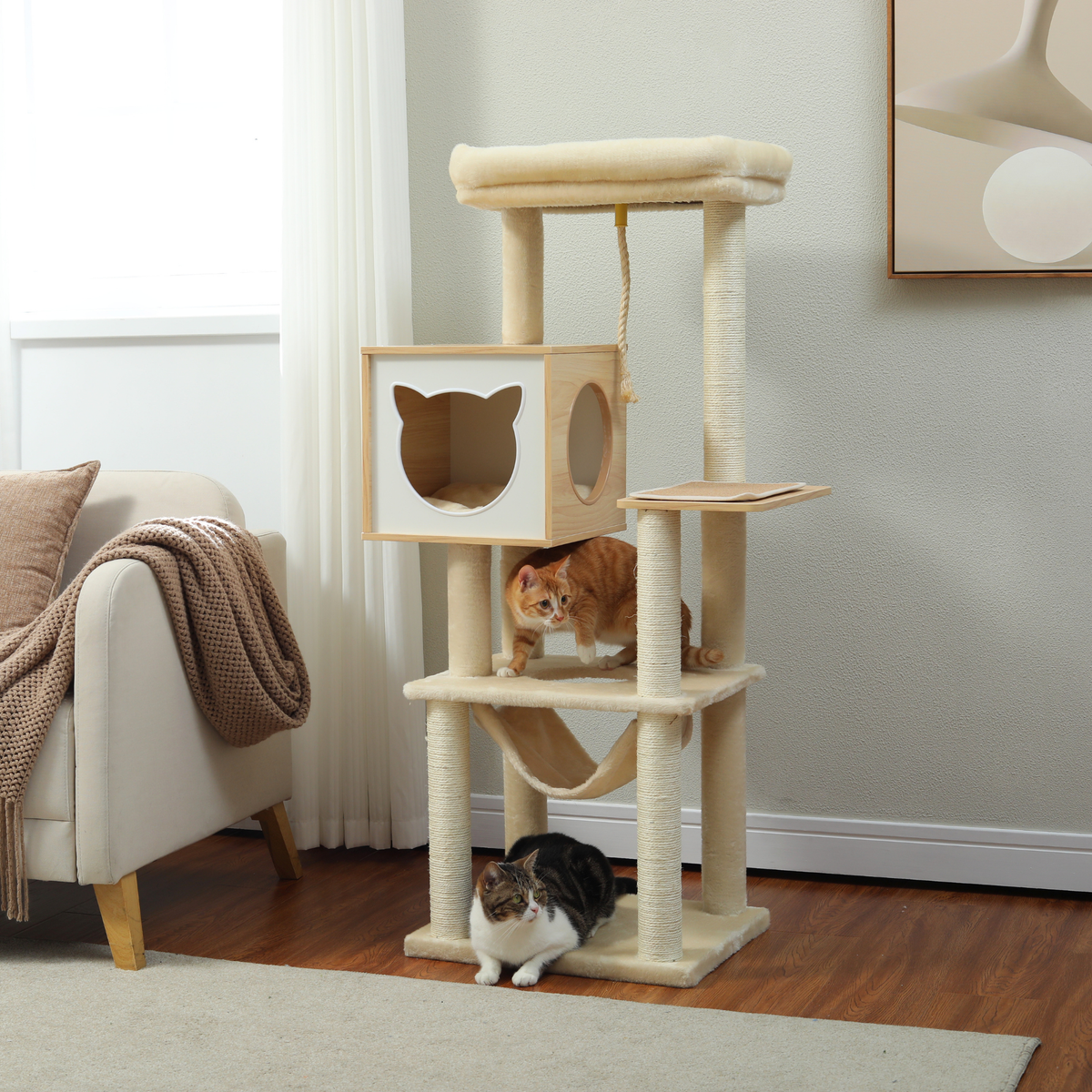 EcoPawPaw 132cm Modern Wooden Cat Tree with Cozy Condo, Hammock & Large Top Perch