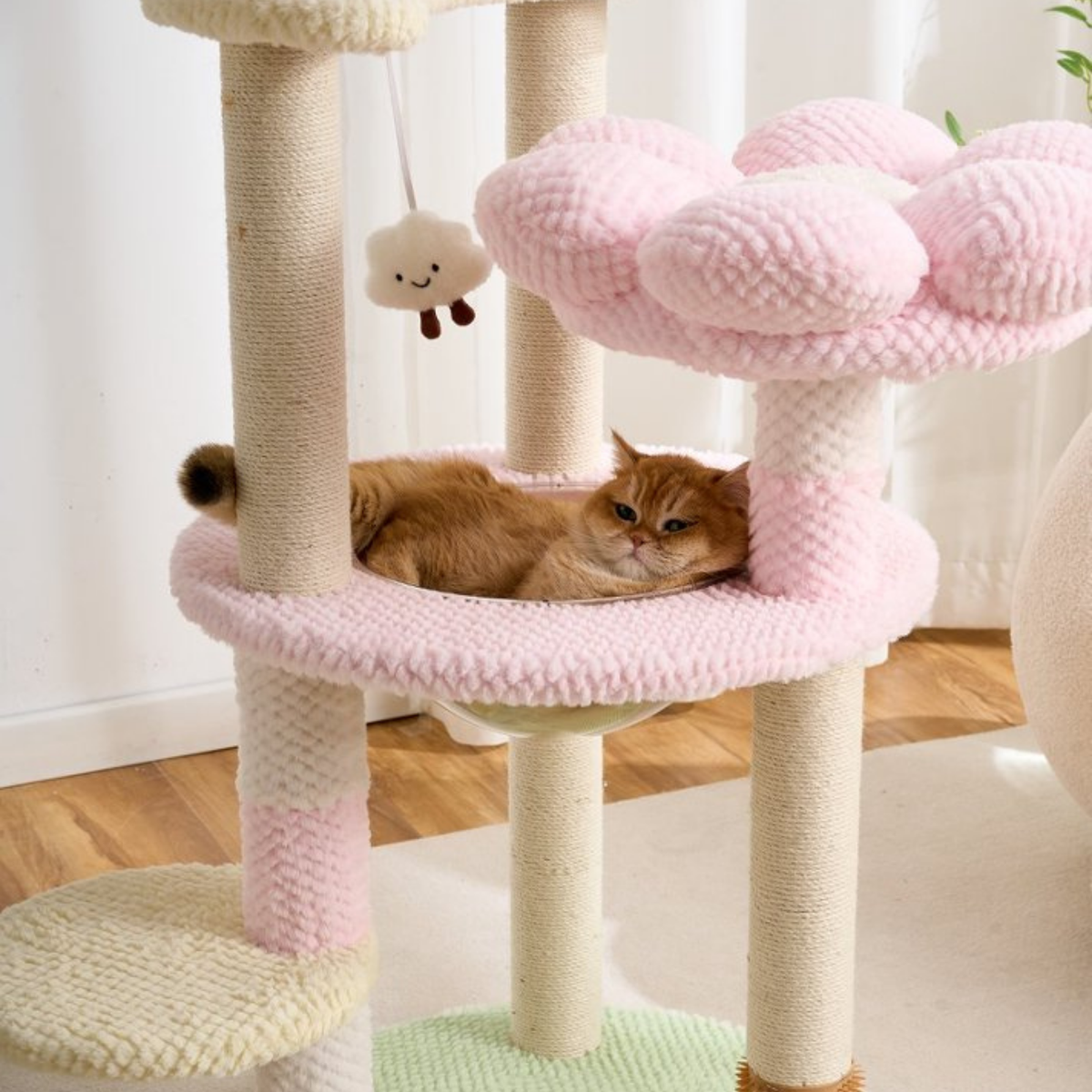 EcoPawPaw 128cm Pink Flower Cat Tree with Transparent Hammock & Sisal Scratching Posts
