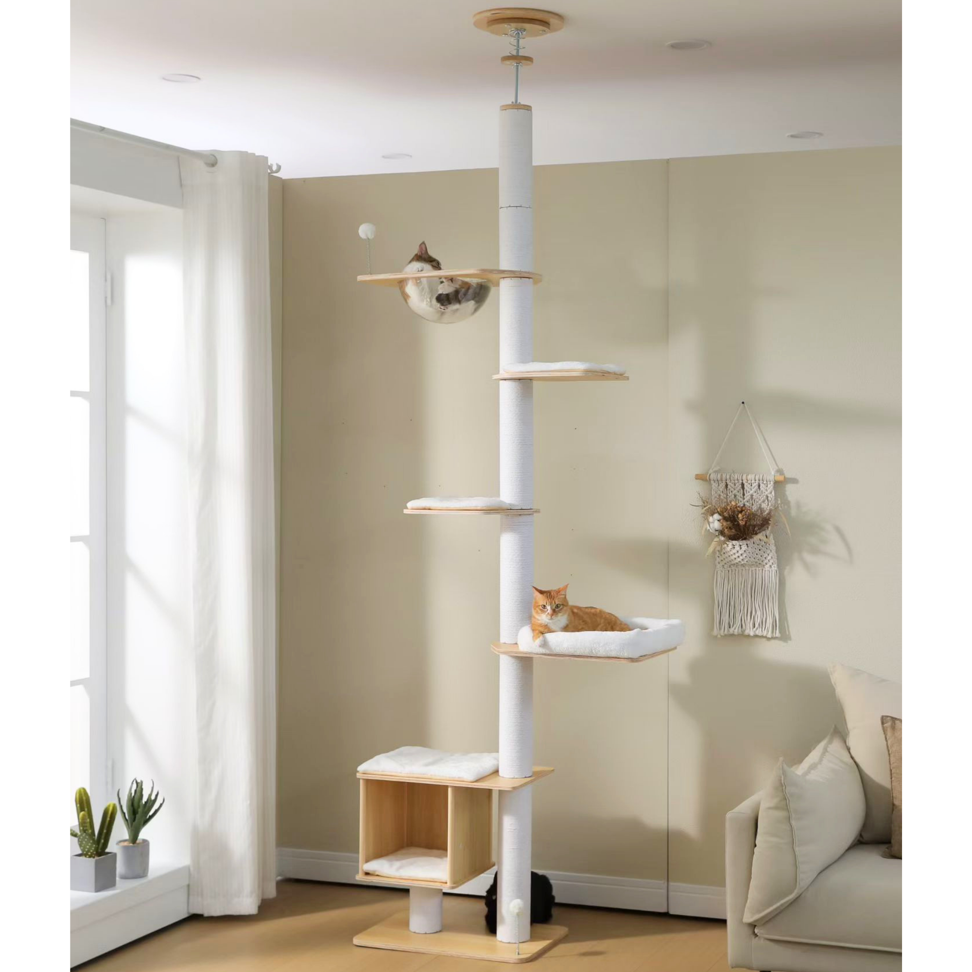 EcoPawPaw Adjustable Floor-to-Ceiling Cat Tree | 225–284cm Cat Tower with Condo & Acrylic Bowl
