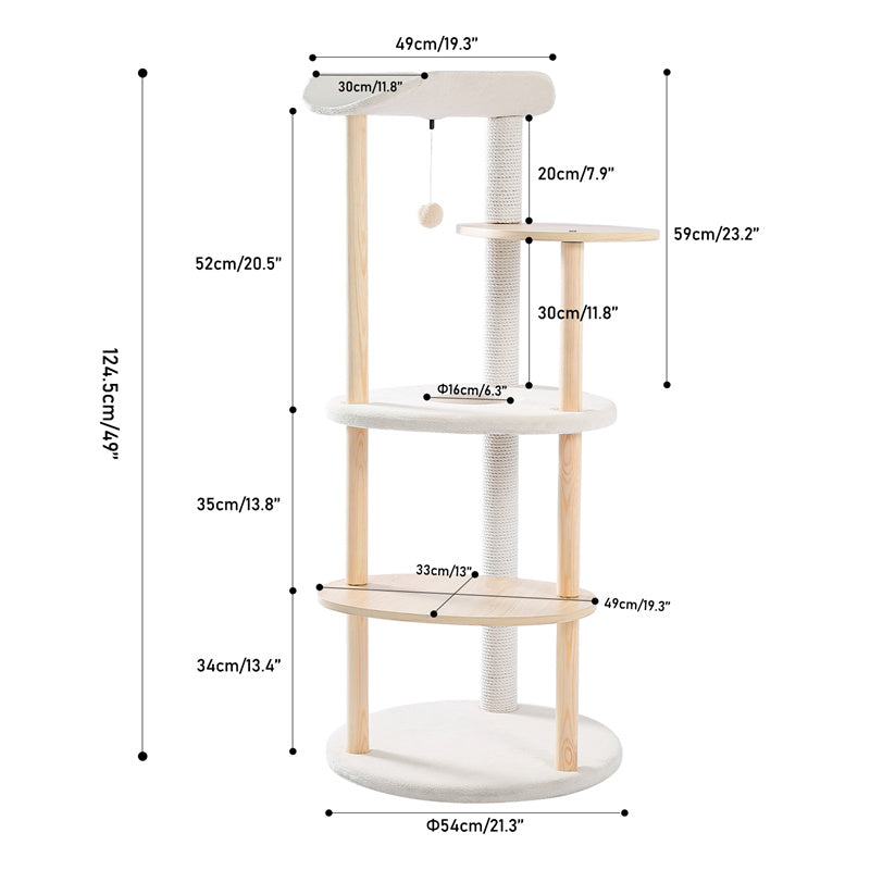 EcoPawPaw 124.5cm Japanese Minimalist Wooden Cat Tree – Modern Japandi Cat Tower with Scratching Post, Washable Pads & Perches