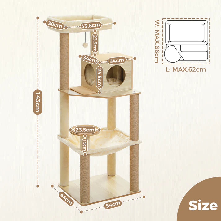 Wooden Cat Tree with Condo & Hammock