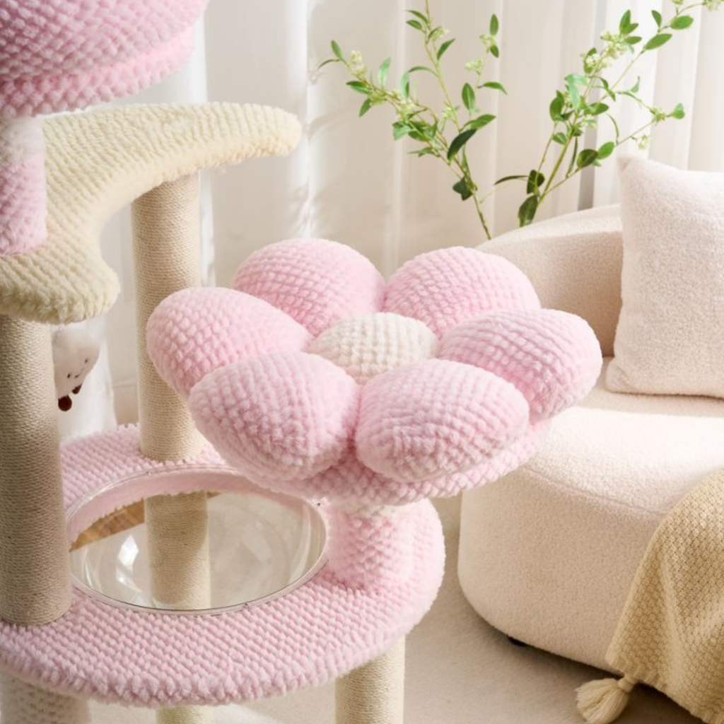 EcoPawPaw 128cm Pink Flower Cat Tree with Transparent Hammock & Sisal Scratching Posts