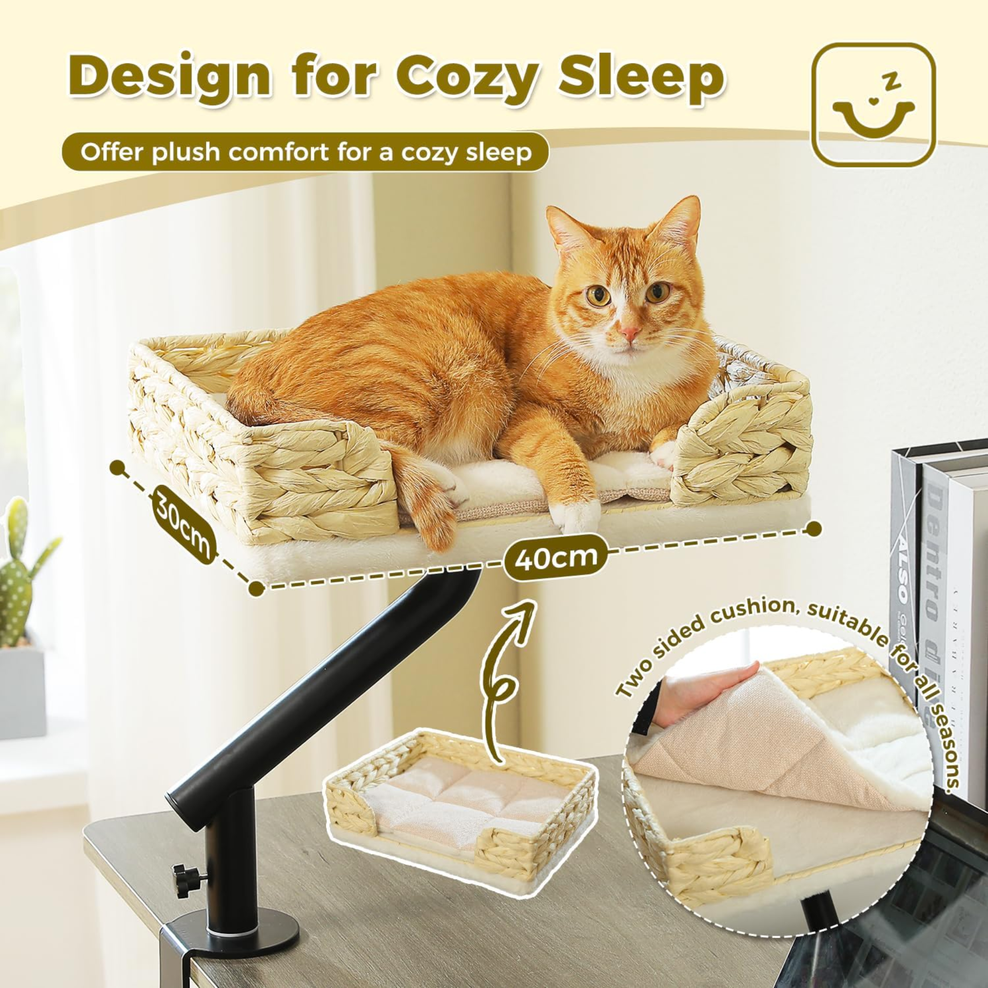 Desk Mounted Cat Bed with 360° Rotation – Handwoven Rattan Cat Perch for Office & Workstation | Clamp-On Cat Shelf (40×30cm)