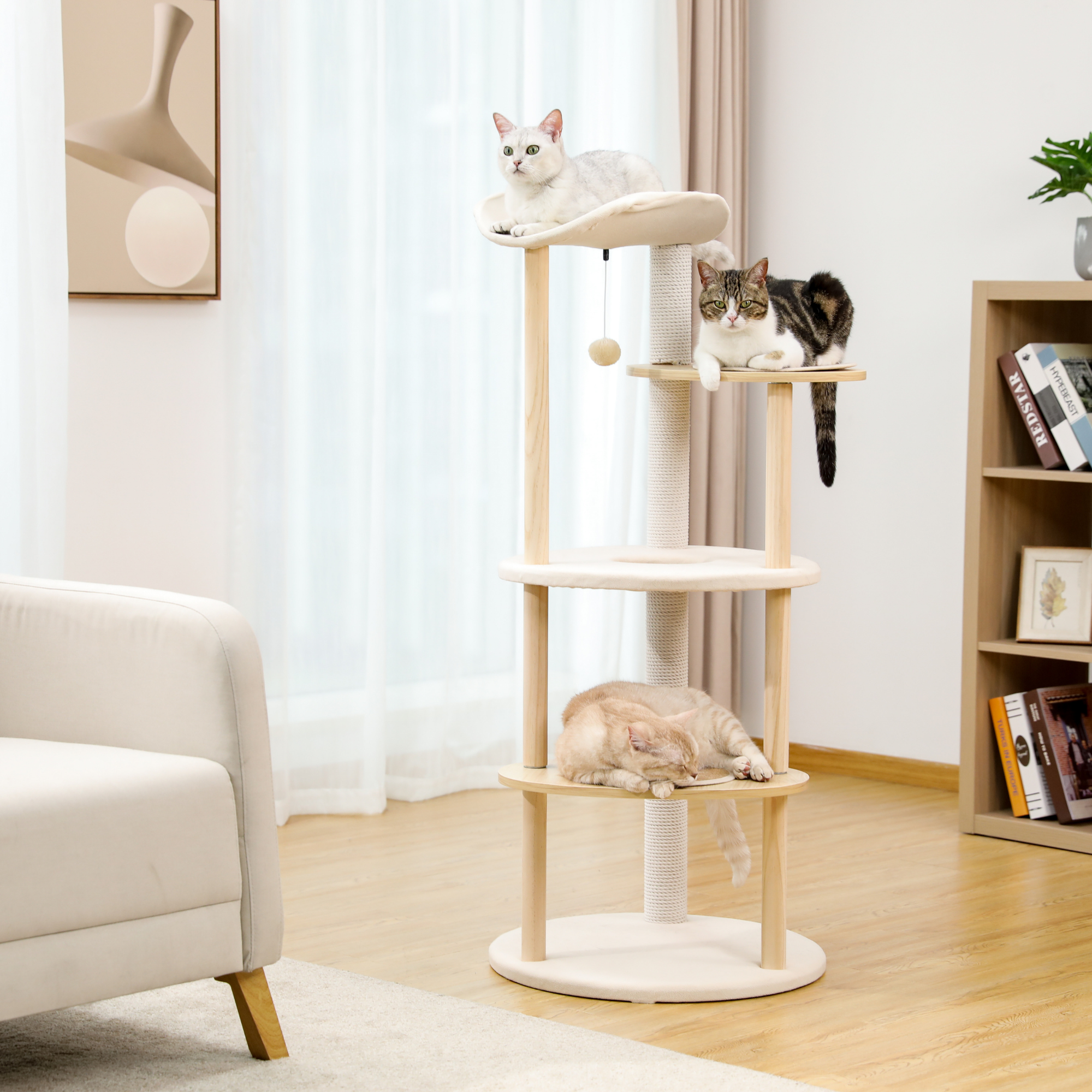 EcoPawPaw 124.5cm Japanese Minimalist Wooden Cat Tree – Modern Japandi Cat Tower with Scratching Post, Washable Pads & Perches