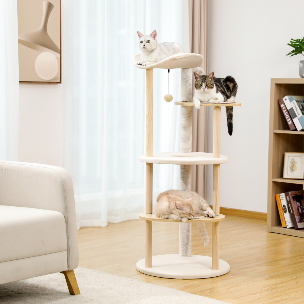 EcoPawPaw 124.5cm Japanese Minimalist Wooden Cat Tree – Modern Japandi Cat Tower with Scratching Post, Washable Pads & Perches