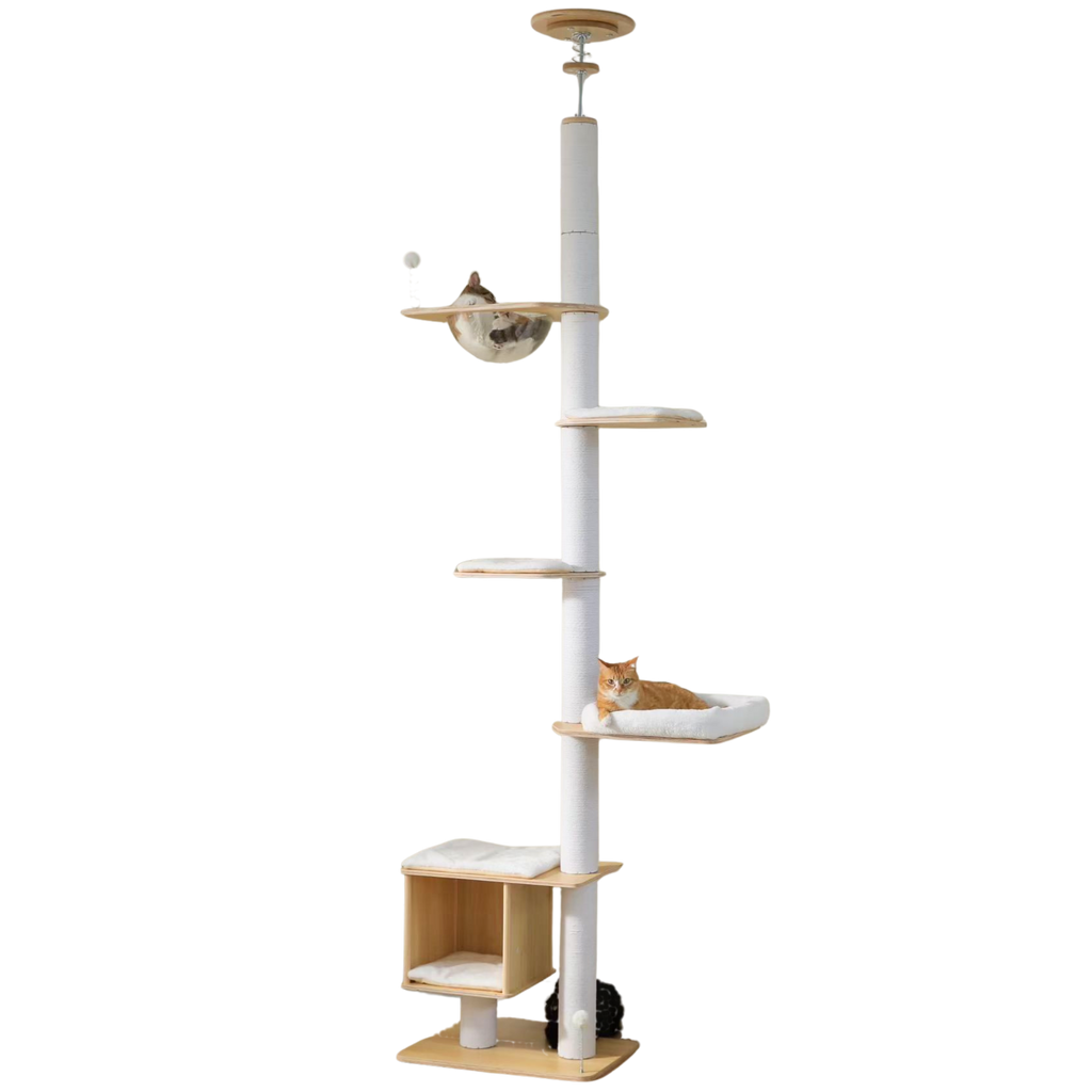 EcoPawPaw Adjustable Floor-to-Ceiling Cat Tree | 225–284cm Cat Tower with Condo & Acrylic Bowl