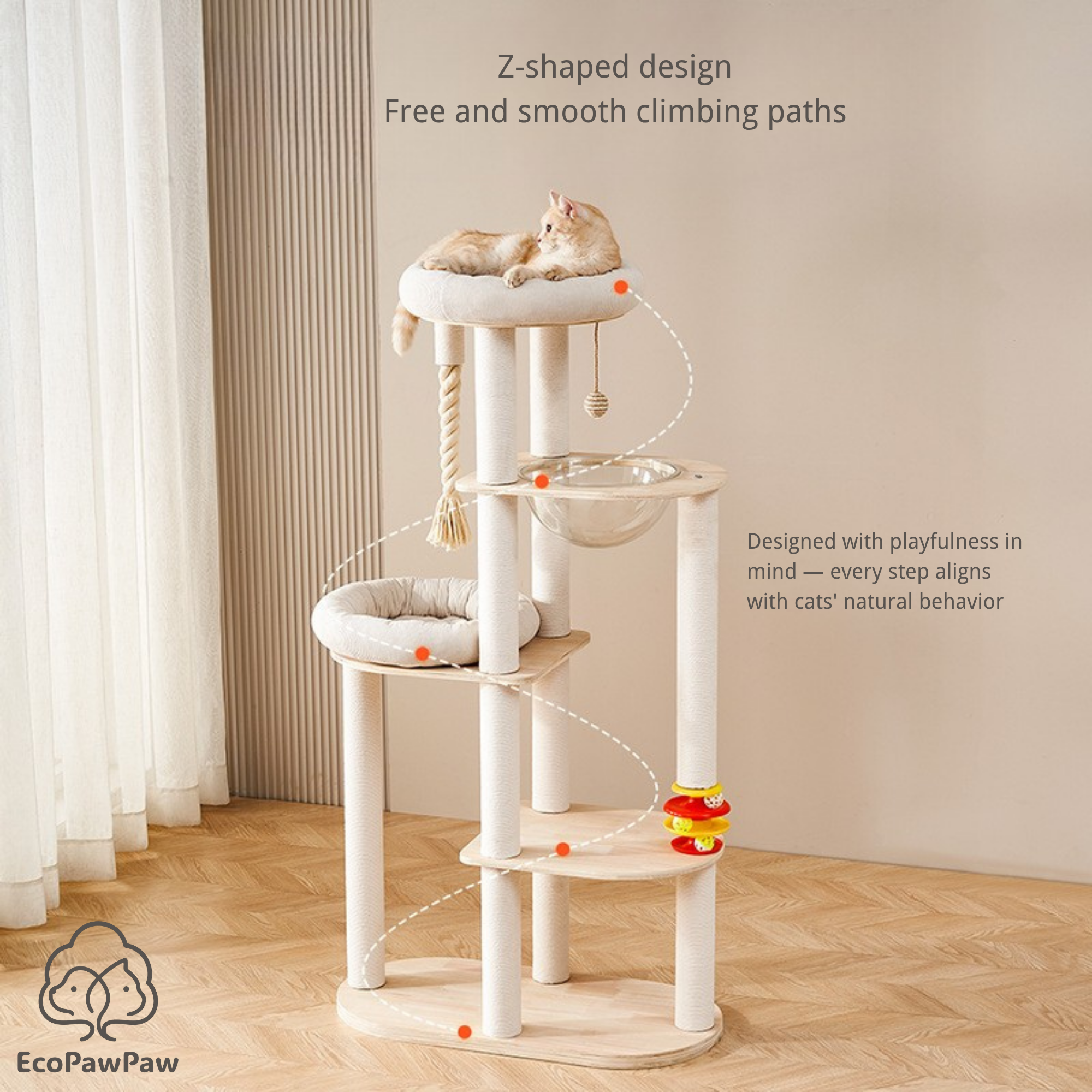 Natural Solid Oak Cat Tree – Modern Z-Shaped Wooden Cat Tower with Hammock & Scratching Posts (154 cm Tall)