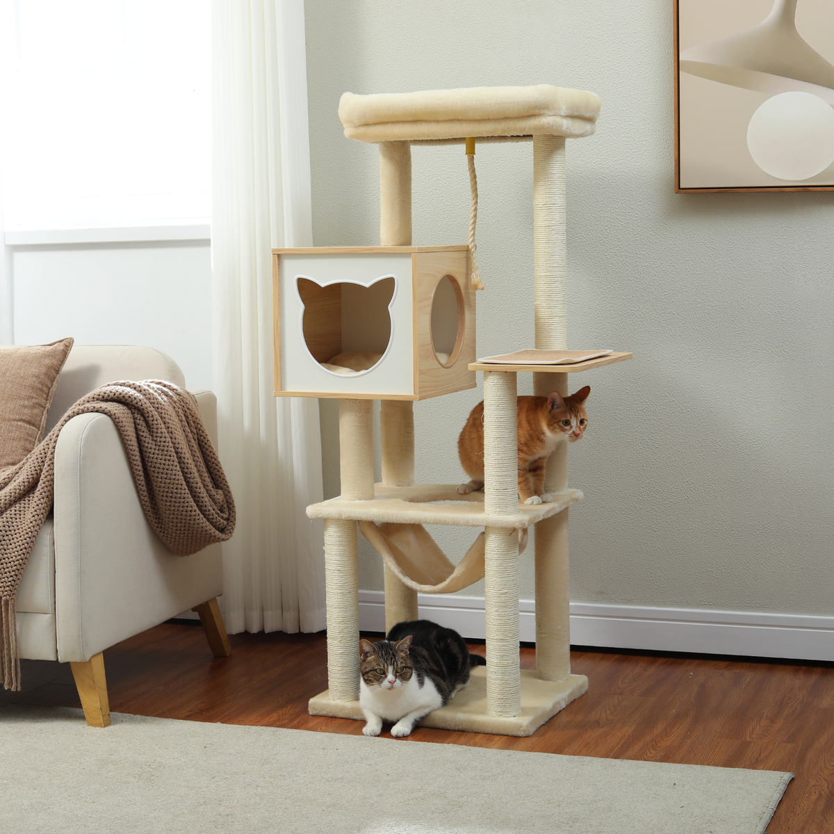EcoPawPaw 132cm Modern Wooden Cat Tree with Cozy Condo, Hammock & Large Top Perch