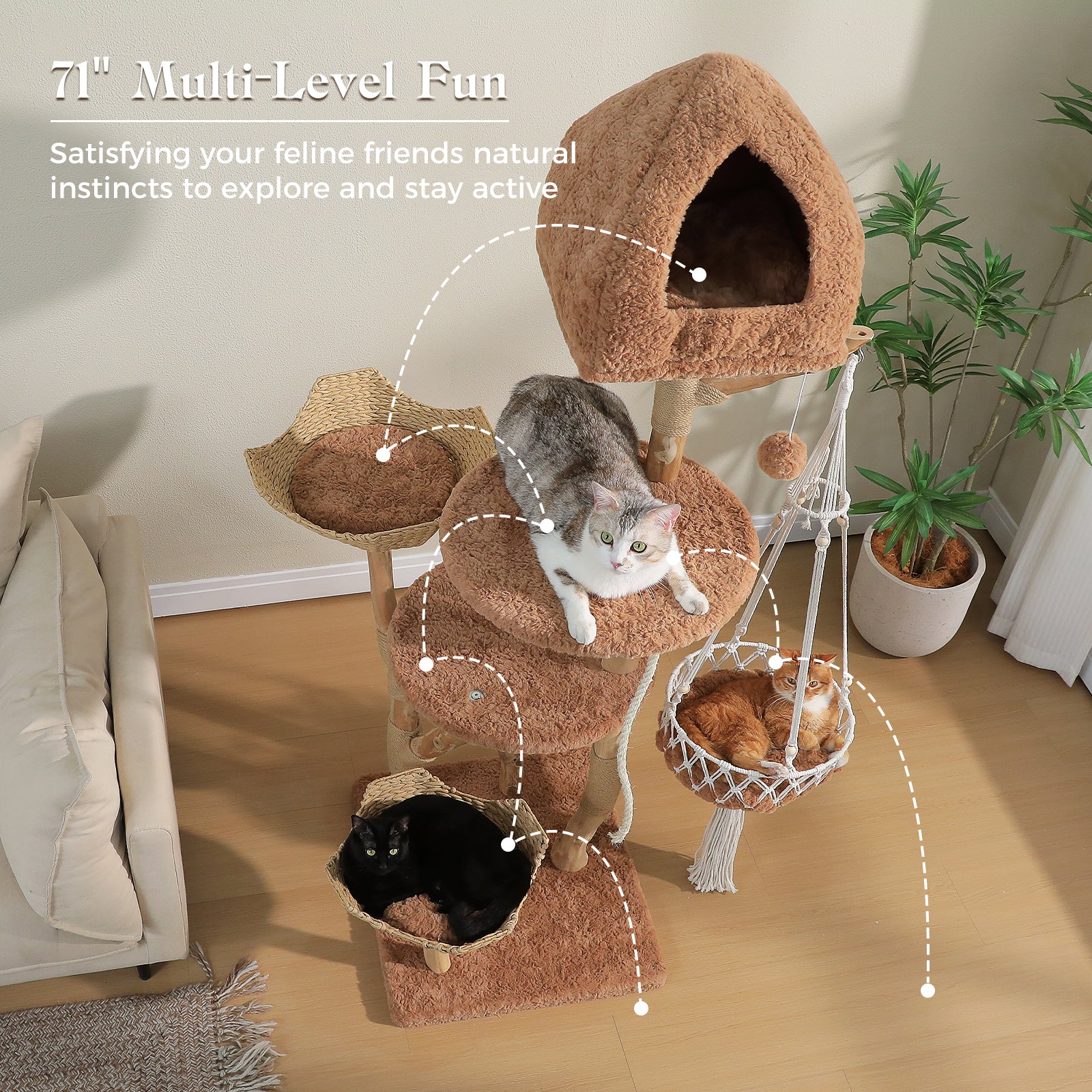 EcoPawPaw Luxury Natural Wood Cat Tree 180cm | Multi-Cat Tower