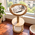 EcoPawPaw Natural Wood Cat Tree with Rattan Nest – 76 cm