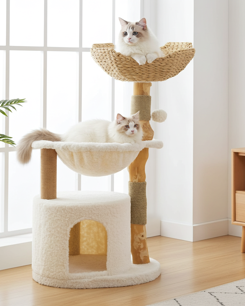 Modern Wooden Cat Tree with Woven Basket & Condo