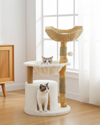 Modern Wooden Cat Tree with Woven Basket & Condo
