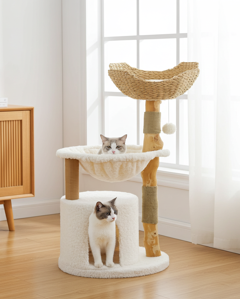 Modern Wooden Cat Tree with Woven Basket & Condo