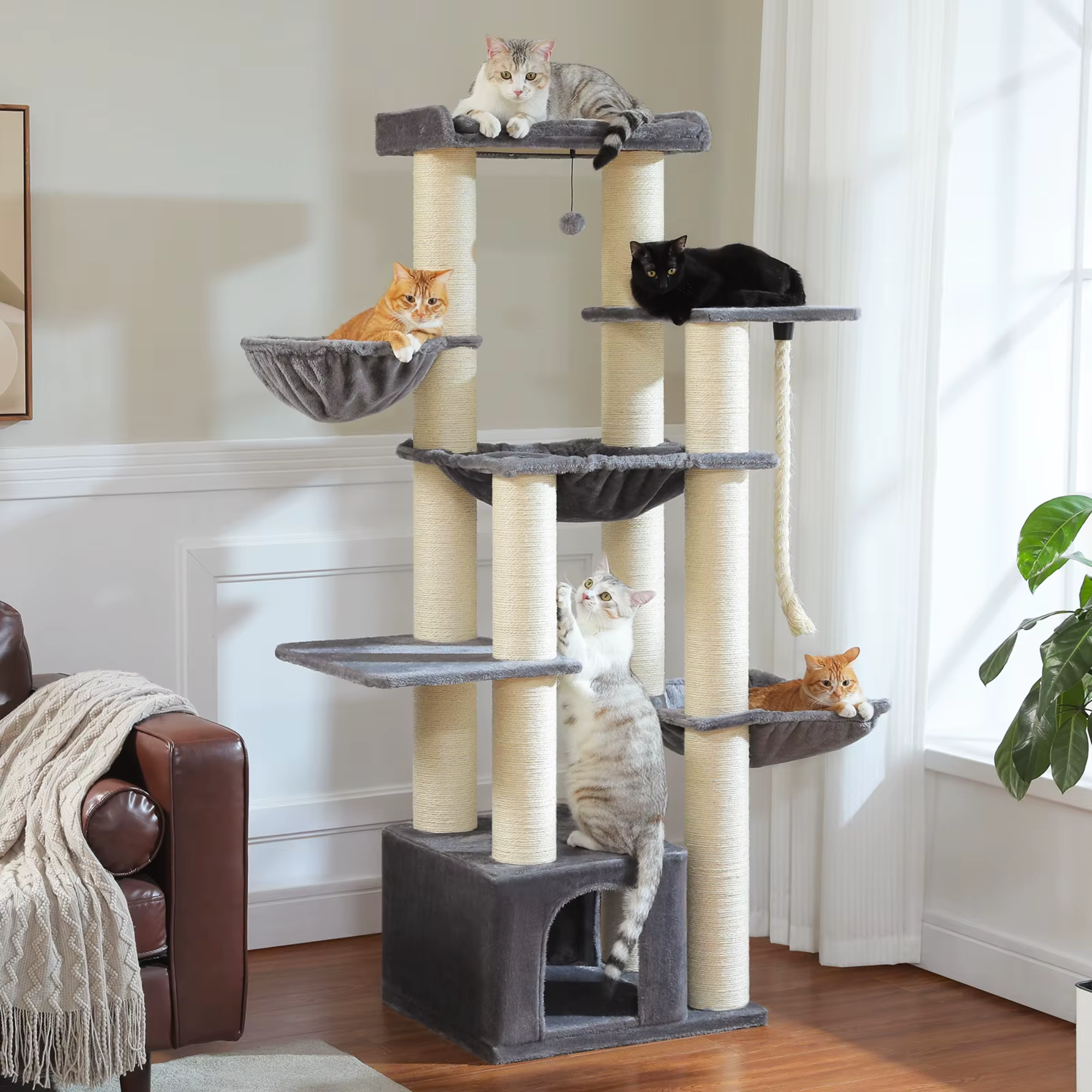 Ecopawpaw XXL Cat Tree for Large Cats 170CM – Heavy Duty Cat Tower with Extra Thick Sisal Posts, Hammocks, Condo & Large Platforms for Maine Coons